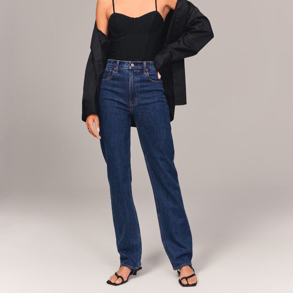NEW Abercrombie & Fitch Ultra High Rise 90s Straight Jean Sz 26 Dark Blue NWT - Picture 1 of 10